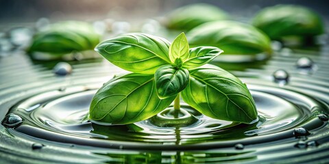 Green basil leaves in a drop of water , basil, herb, fresh, green, plant, droplet, close-up, nature, botanical, ingredient, cooking, culinary, organic, natural, water, aromatic, macro