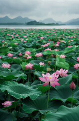 Wall Mural - Pink lotus flowers with large green leaves and mountains on the horizon