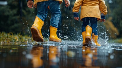 Close-up of yellow-clad kids' feet making a splash in a water puddle, capturing the essence of spontaneous play and exploration