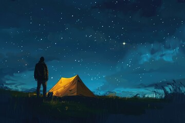 Tent Night. Man Enjoying Starry Sky and Universe Near His Camp Tent