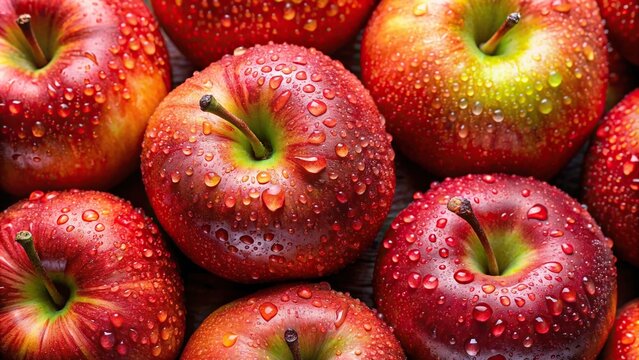 Close up overhead shot of apples with visible water drops , apples, water drops, fresh, close up, healthy, organic, natural, red, juicy, fruit, diet, nutrition, delicious, refreshment, wet