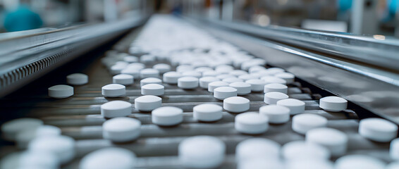 food additives and pills on a conveyor belt in a pharma factory production line. Great for demonstrating pharmaceutical manufacturing, industrial automation, production efficiency