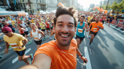 Smiling man taking a selfie during a marathon, joyful atmosphere, urban street background

