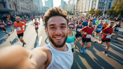 Happy man taking a selfie in a marathon, cheerful mood, city street background

