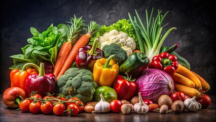Wall Mural - Fresh and varied vegetables on a black background , vegetables, fresh, assortment, healthy, organic, vibrant, colorful, ingredients, cooking, vegetarian, food, nutrition, market, produce