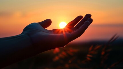 Poster - A person's hand reaching out to the sun as it sets, AI