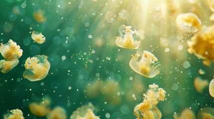 Wall Mural - an underwater view of a jellyfish bloom with the jellyfish drifting upwards towards the light.