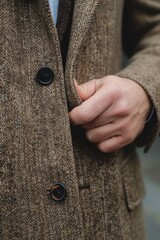 Canvas Print - A man wearing a brown jacket and tie holding his pocket, AI