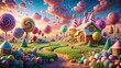 © tammanoon - Enchanted Candyland landscape with whimsical candy house and swirling lollipop trees , candy, fantasy, sweet, magical, dreamy, vibrant, colorful, cottage, enchanting, whimsical, sugary