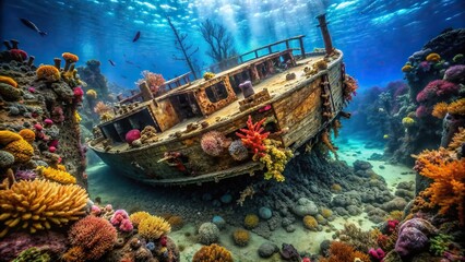A sunken shipwreck covered in coral and hidden treasures, underwater, discovery, adventure, exploration, ocean, marine life, ancient, artifacts, gold, silver, jewels, valuables