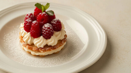 Wall Mural - Delicious red fruits dessert on a white plate with a light beige background