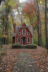 Poster - A small red house surrounded by trees in the woods, AI