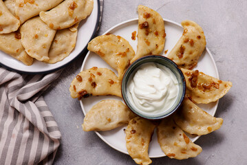 Poster -  Pierogi  with duck with sour cream and fried onions on a plate..style hugge.