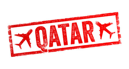 Poster - Qatar is a peninsular Arab country whose terrain comprises arid desert and a long Persian (Arab) Gulf shoreline of beaches and dunes, text emblem stamp with airplane