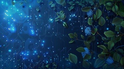 Wall Mural - Abstract background with digital glowing lights and circuit board wall with natural leaves and vines elements on a dark blue background, high quality rendered illustration of an futuristic technology