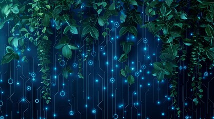 Wall Mural - Abstract background with digital glowing lights and circuit board wall with natural leaves and vines elements on a dark blue background, high quality rendered illustration of an futuristic technology