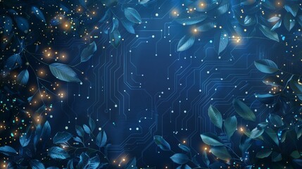 Wall Mural - Abstract background with digital glowing lights and circuit board wall with natural leaves and vines elements on a dark blue background, high quality rendered illustration of an futuristic technology