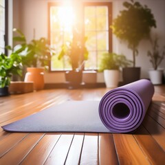 Purple Yoga mat on a hardwood floor, fitness concept, morning exercise and healthy lifestyle at home