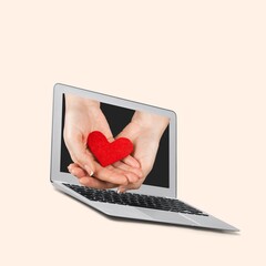 Poster - Contemporary collage of hands hold like icon in laptop.