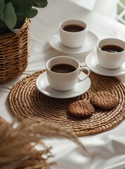 Sticker - Two Cups of Coffee and Cookies on a Woven Placemat in a Sunny Room