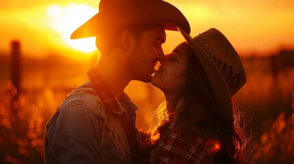 Wall Mural - A man and woman kissing in a field at sunset, AI