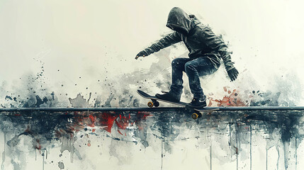 Skateboarder in a hooded sweatshirt performs a trick in a watercolor style. Generated by AI.