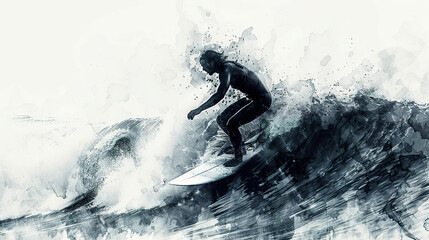 Wall Mural - A surfer rides a wave in a watercolor style. Generated by AI.