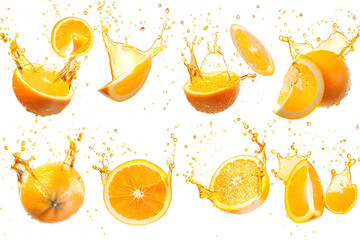 Collection of Fresh half of ripe orange fruit flotation with orange juice splash isolated on white background