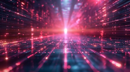 Poster - A digital grid with glowing pink lines and light spots, creating a vaporwave-style background.