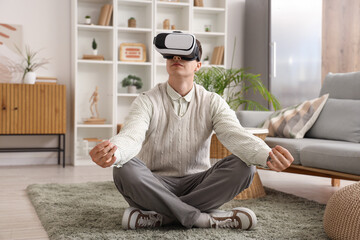 Sticker - Young man in VR glasses meditating at home