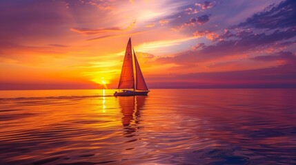 Wall Mural - A sailboat is sailing on the ocean at sunset, AI