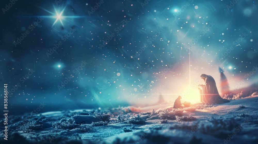 Nativity Of Jesus With Comet Star - Scene With The Holy Family In Snowy ...