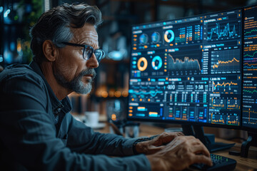 Poster - a businessman analyzing financial reports on a computer screen. concept of financial analysis and da