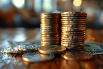 Poster - A stack of coins and dollar bills on a wooden table. Concept of cash savings and financial assets. Generative Ai.