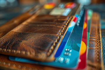 Poster - A wallet filled with credit cards and cash. Concept of personal finance and spending habits. Generative Ai.