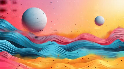A digital illustration depicting a vibrant, abstract landscape with pastel hues and two floating spheres.