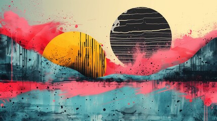 Poster - A vibrant abstract art piece featuring a yellow and black circle, a black circle with white stripes, and a background of pink, blue, and gray.