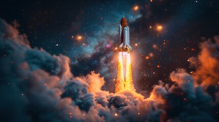 Wall Mural - Rocket takeoff launching investment growth Small business owner start up Corporate business planning, technology to achieve success goals, Entrepreneurship, network connection, digital world