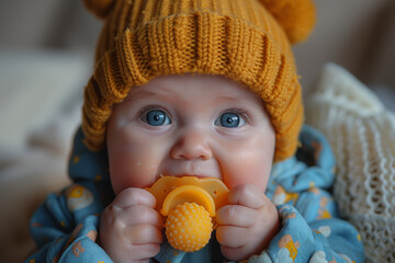 Sticker - A baby chewing on a teething toy to soothe sore gums. Concept of teething and discomfort in infancy. Generative Ai.