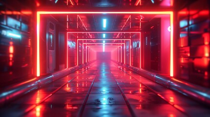 Poster - A digital illustration of a futuristic corridor with neon lights and geometric shapes.