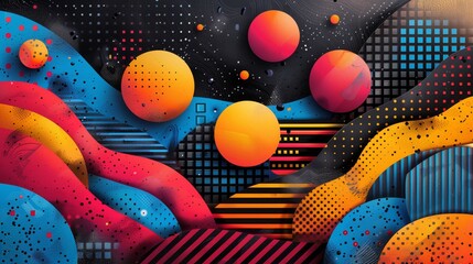 Poster - An abstract retro art design featuring bright neon colors, geometric shapes, and a black background.