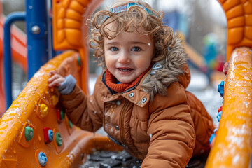 Sticker - A toddler enthusiastically exploring a playground, climbing and sliding with glee. Concept of physical activity and motor skill development. Generative Ai.