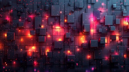 Poster - A digital artwork featuring a geometric pattern of black cubes with glowing red and orange neon lights, creating a vibrant and dynamic visual.