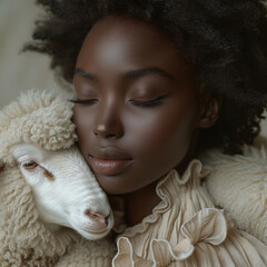 Wall Mural - Beautiful Afro model in beige dress, long eyelashes, natural makeup, holding white sheep. Soft lighting highlights her serene expression and dress texture. Studio portrait, minimalism style, elegant 