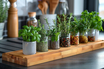 Fresh herbs in a kitchen, symbolizing natural nutrition. Concept of cooking with fresh ingredients. Generative Ai.