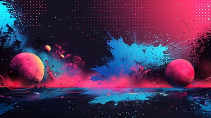 Wall Mural - An abstract digital art piece featuring two planets, one pink and one blue, set against a dark background with splashes of color.