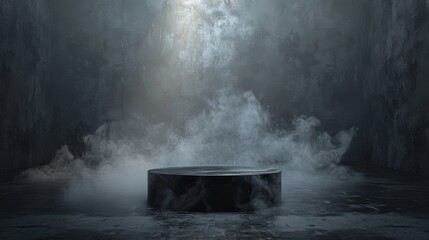 Wall Mural - a spotlight shines down on a dark, smoky stage. podium black dark smoke background product platform 
