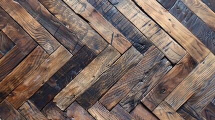 Wall Mural - A macro shot of a section of the herringbone wooden floor highlighting the intricate details of the wood such as the natural variations in color and the faint lines between each plank