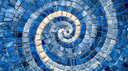 Wall Mural - A textured closeup of glossy blue and white mosaic tiles creating a swirling hypnotizing effect as the tiles blend together in a stunning pattern