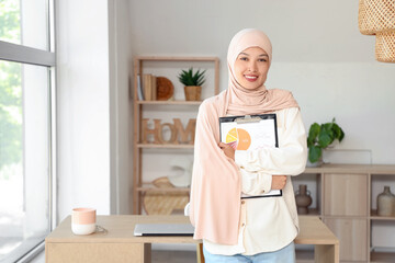 Wall Mural - Young Muslim businesswoman with clipboard at home